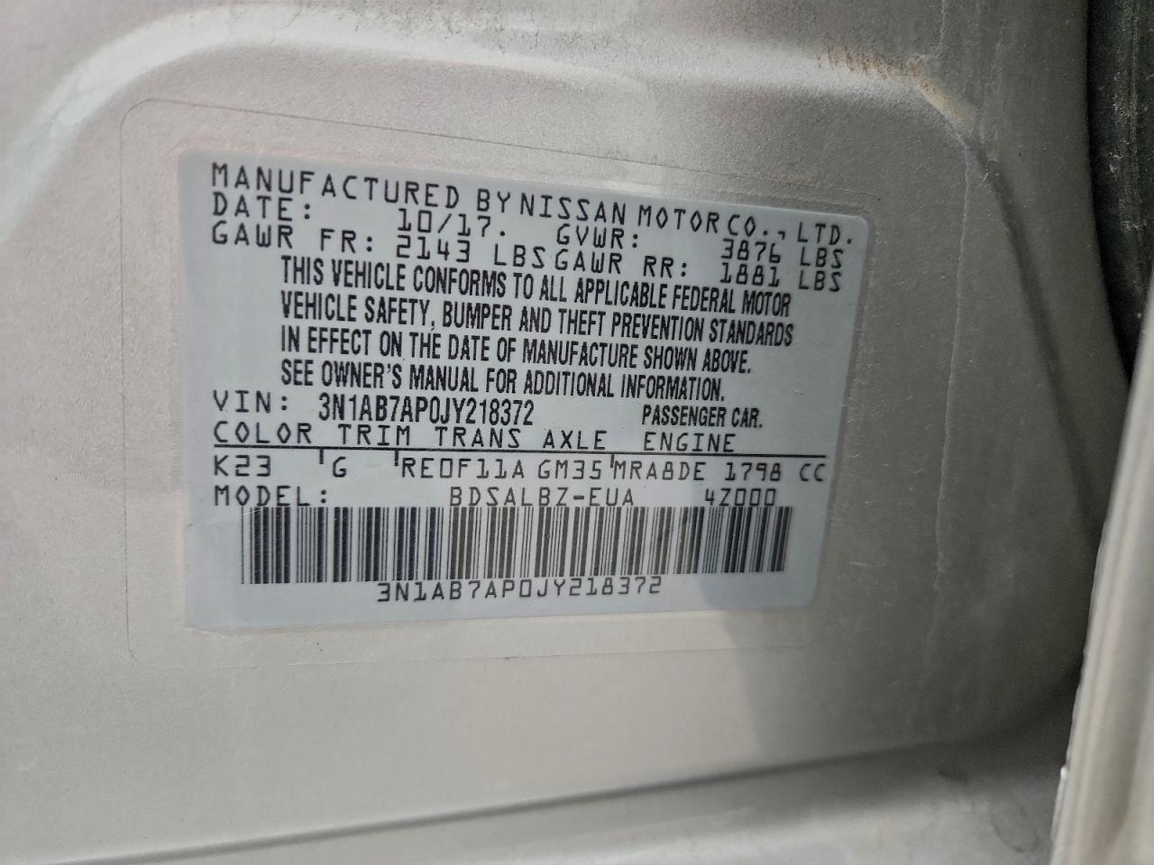 2018 Nissan Sentra S VIN: 3N1AB7AP0JY218372 Lot: 96235055