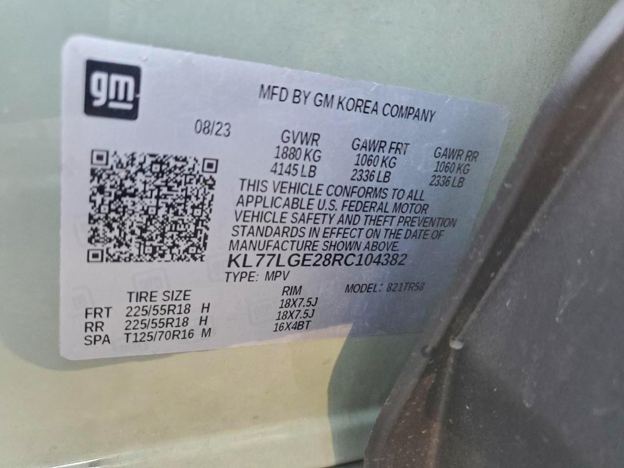 2024 Chevrolet Trax 1Rs VIN: KL77LGE28RC104382 Lot: 92442195