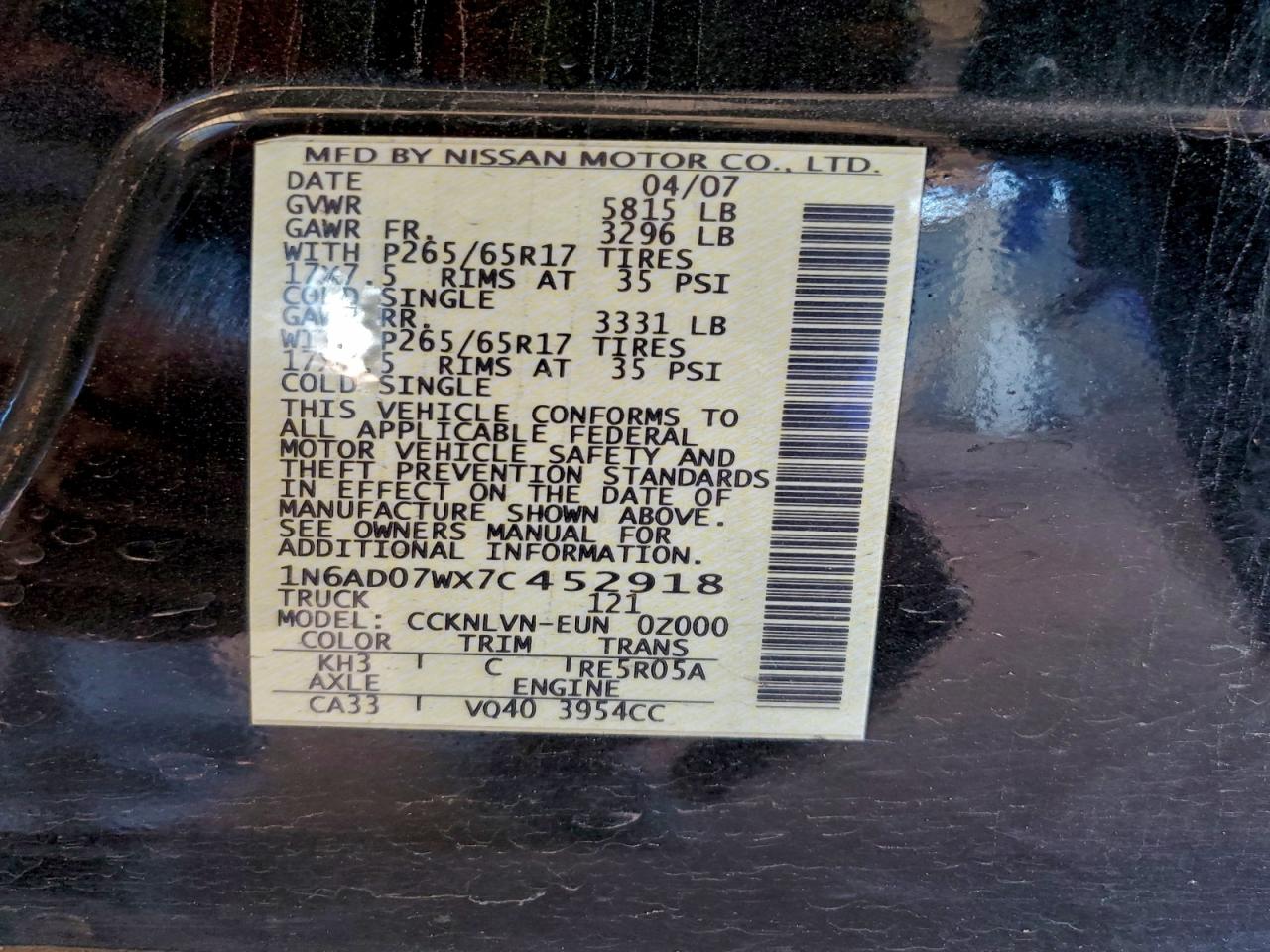 2007 Nissan Frontier Crew Cab Le VIN: 1N6AD07WX7C452918 Lot: 95484295