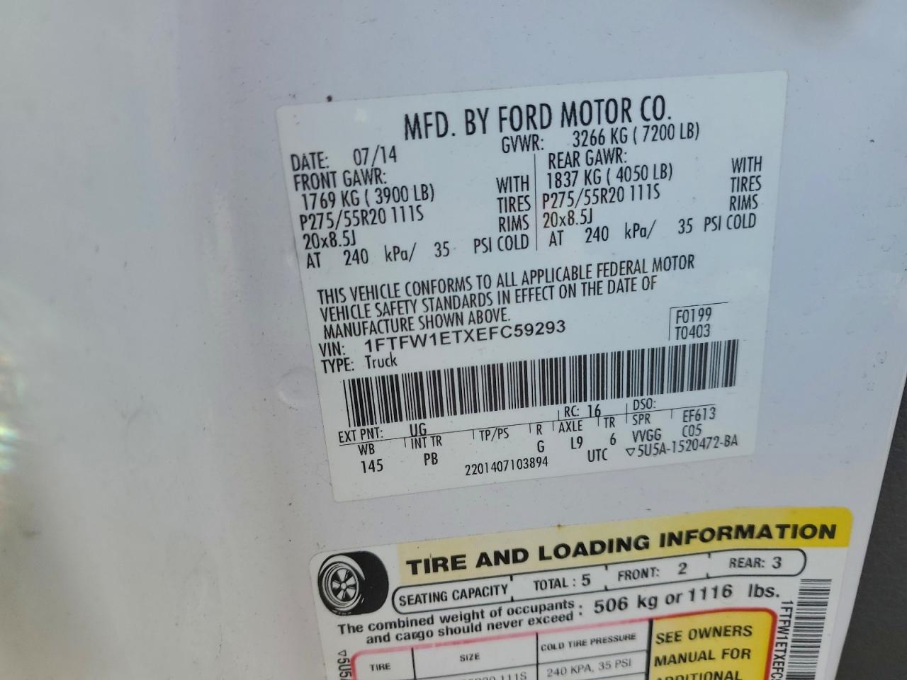 2014 Ford F150 Supercrew VIN: 1FTFW1ETXEFC59293 Lot: 95803795