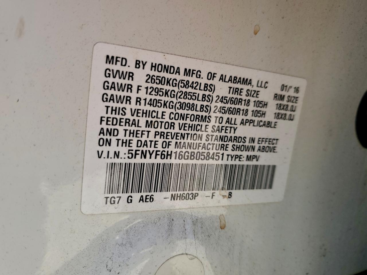 2016 Honda Pilot Lx VIN: 5FNYF6H16GB058451 Lot: 95676045