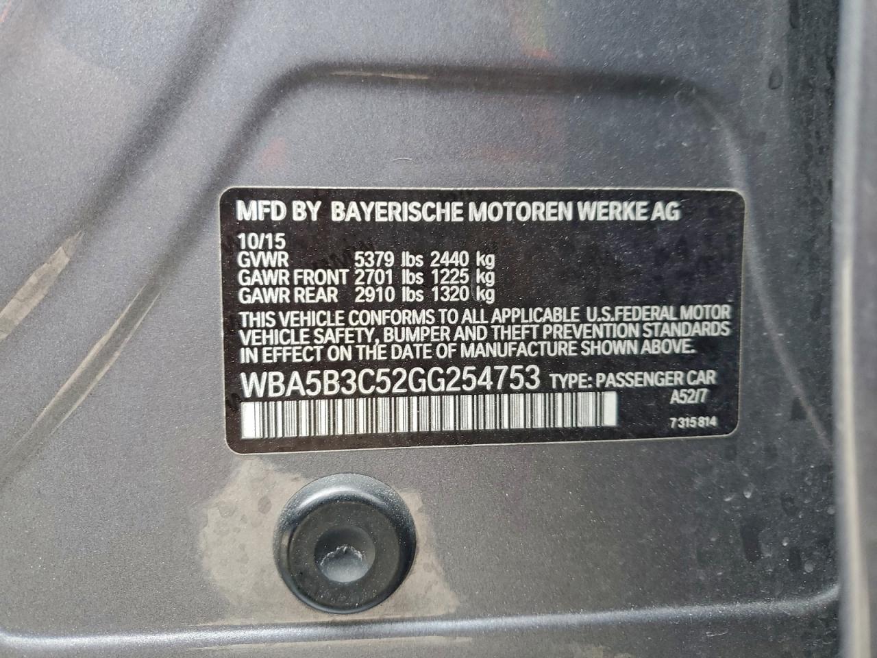 2016 BMW 535 Xi VIN: WBA5B3C52GG254753 Lot: 94969365