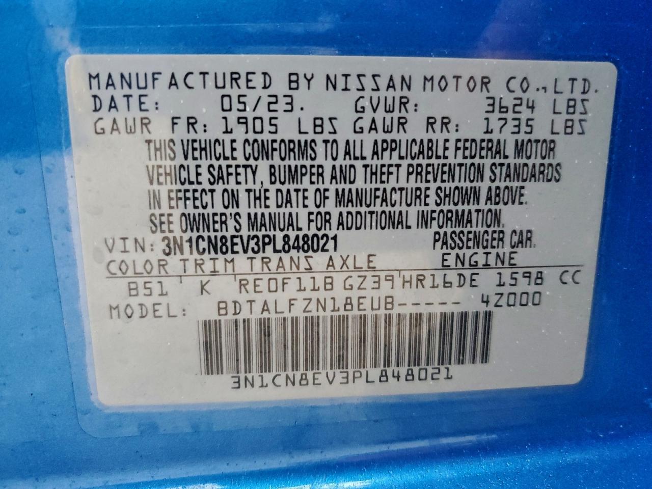 2023 Nissan Versa Sv VIN: 3N1CN8EV3PL848021 Lot: 94526345