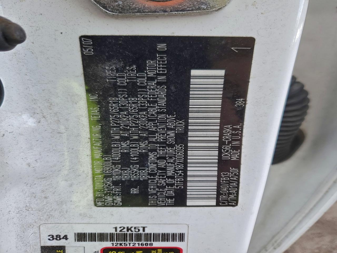 2007 Toyota Tundra Double Cab Sr5 VIN: 5TFBT54187X006095 Lot: 94824645