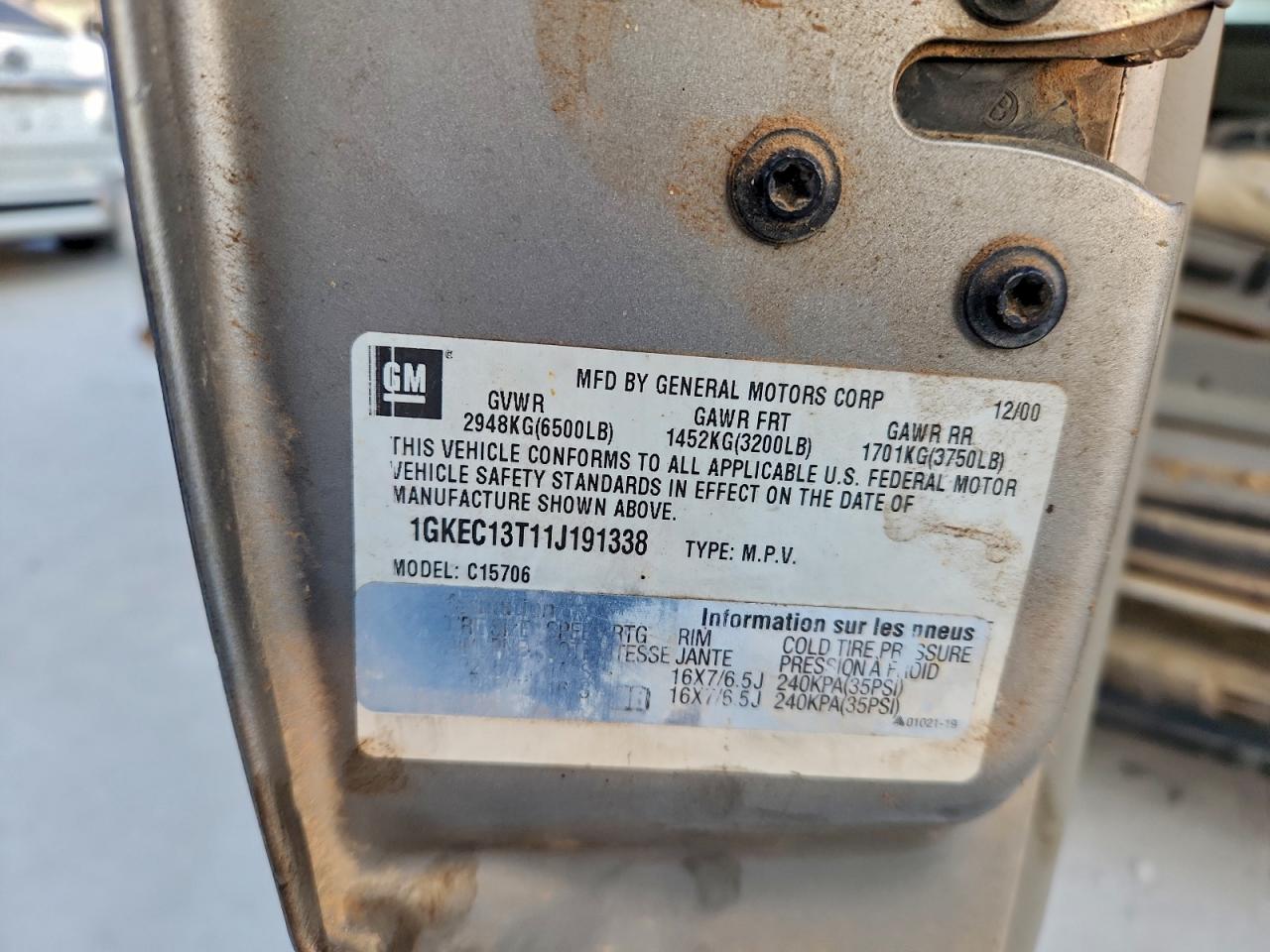 2001 GMC Yukon VIN: 1GKEC13T11J191338 Lot: 95316475