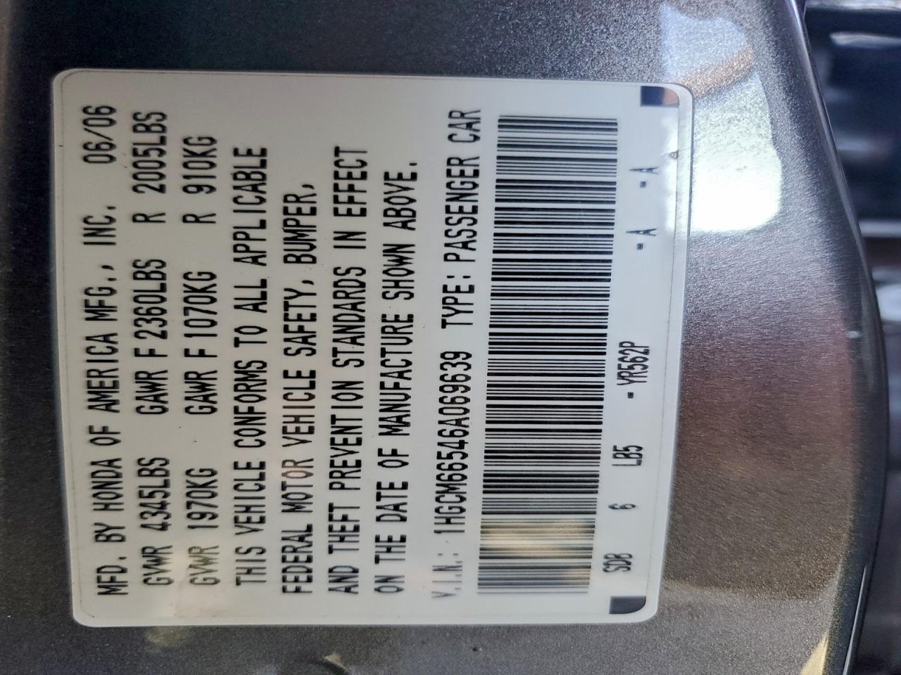 2006 Honda Accord Ex VIN: 1HGCM66546A069639 Lot: 94601045