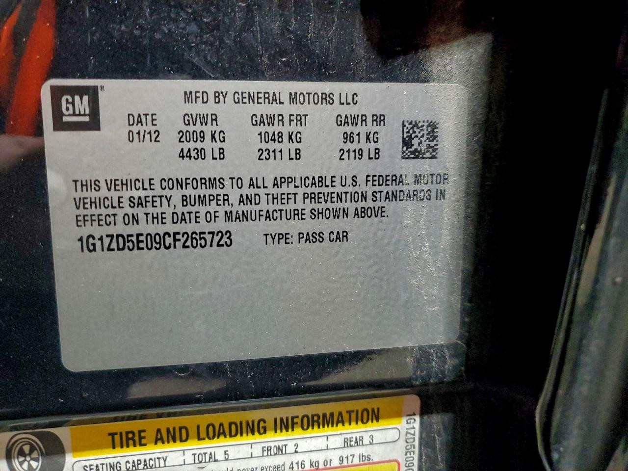 2012 Chevrolet Malibu 2Lt VIN: 1G1ZD5E09CF265723 Lot: 96161495