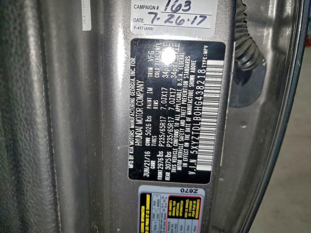 2017 Hyundai Santa Fe Sport VIN: 5XYZTDLB0HG438218 Lot: 96306955