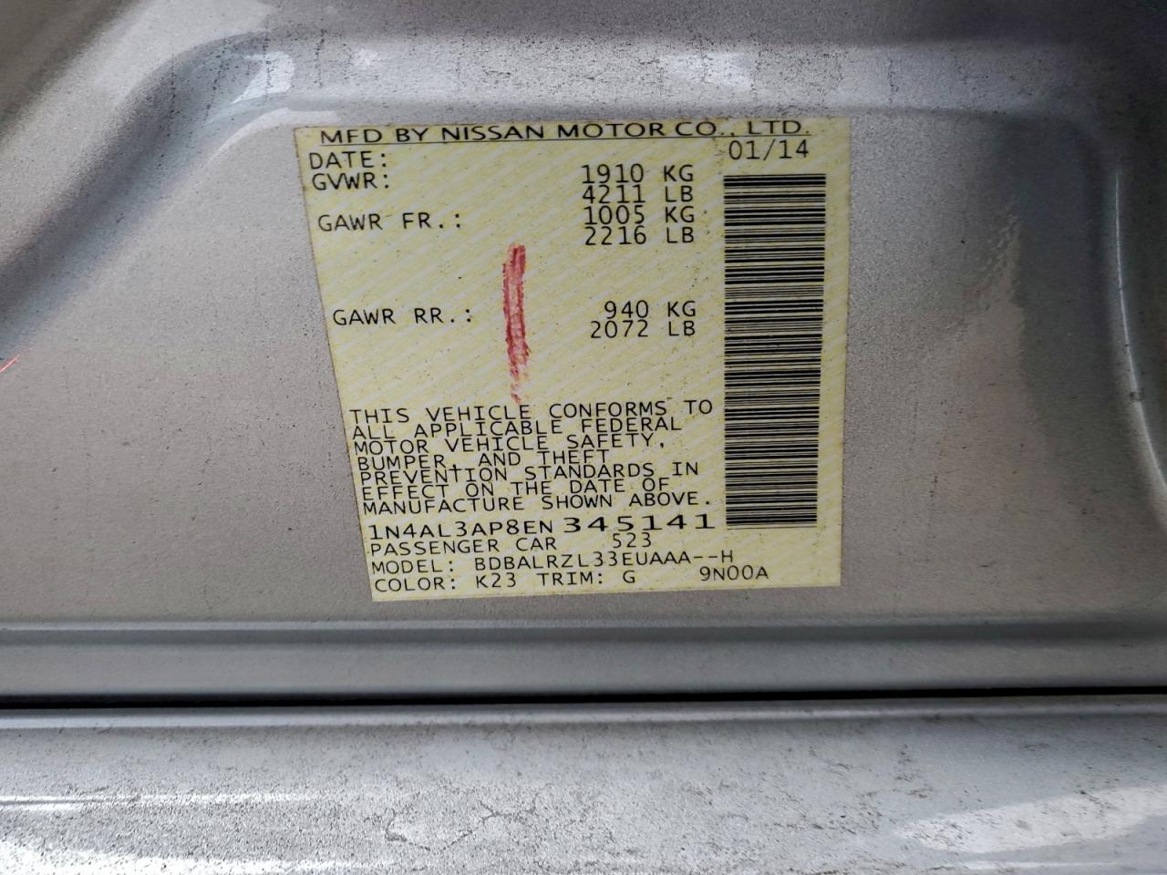 2014 Nissan Altima 2.5 VIN: 1N4AL3AP8EN345141 Lot: 95480565