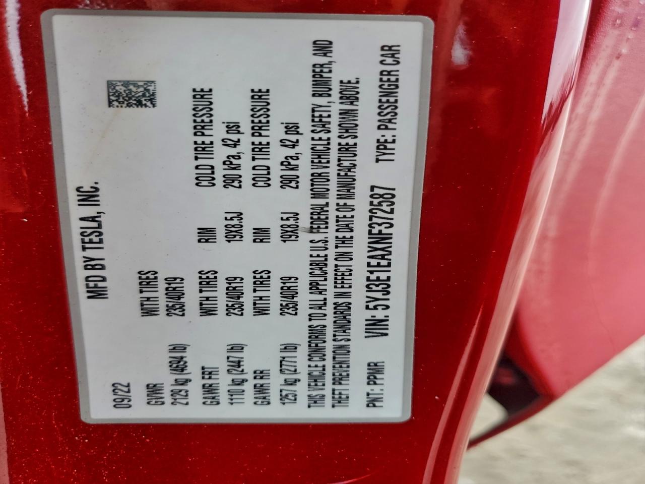 2022 Tesla Model 3 VIN: 5YJ3E1EAXNF372587 Lot: 95108135