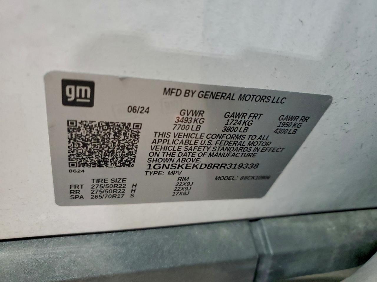 2024 Chevrolet Suburban K1500 Rst VIN: 1GNSKEKD8RR319338 Lot: 96299705