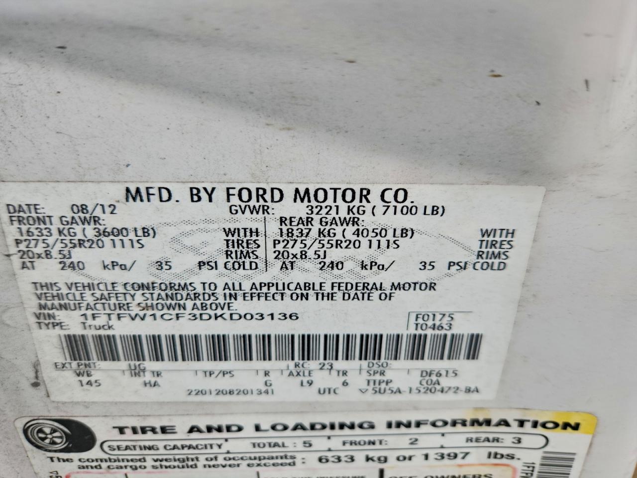 2013 Ford F150 Supercrew VIN: 1FTFW1CF3DKD03136 Lot: 96097855