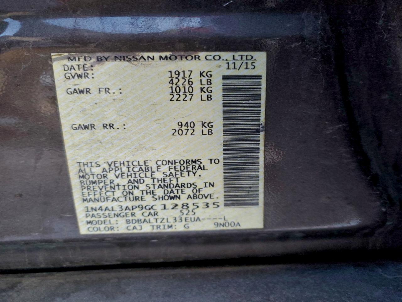 2016 Nissan Altima 2.5 VIN: 1N4AL3AP9GC128535 Lot: 94552255