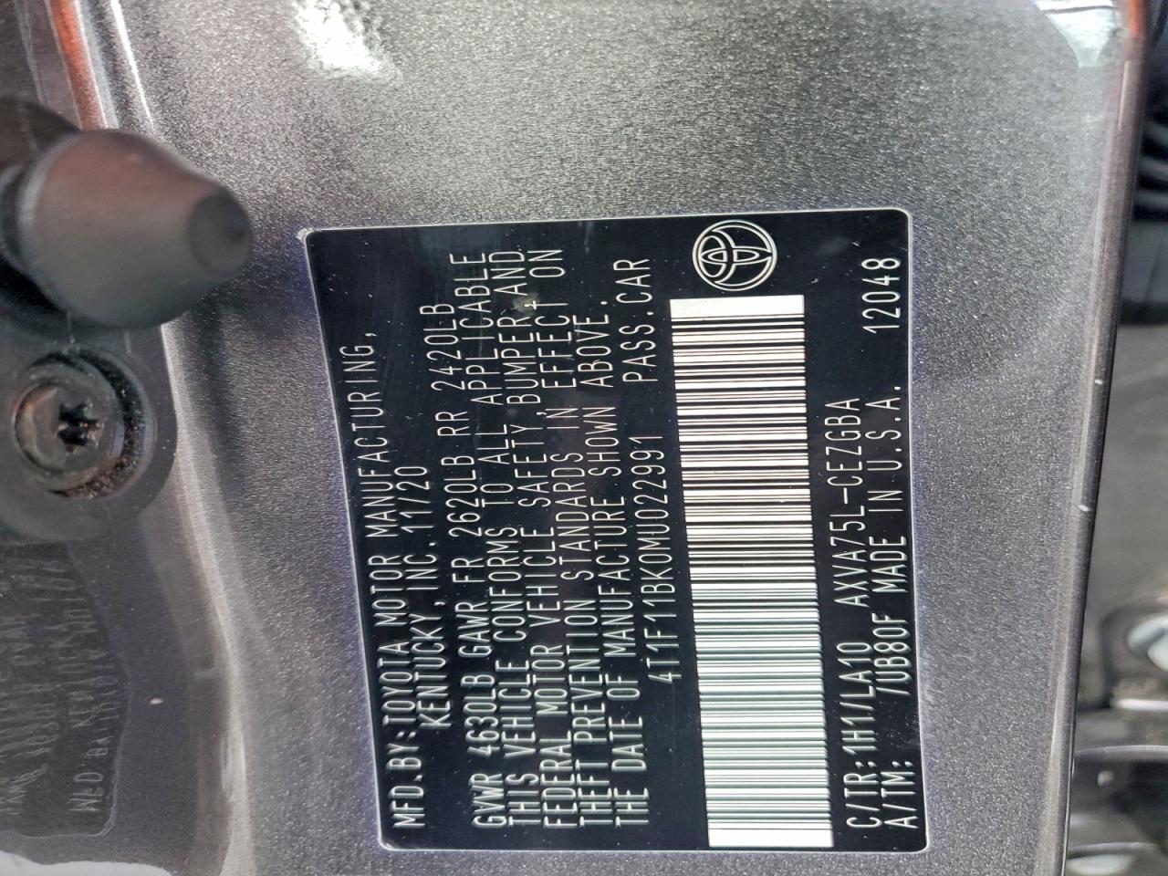 2021 Toyota Camry Xle VIN: 4T1F11BK0MU022991 Lot: 94678665