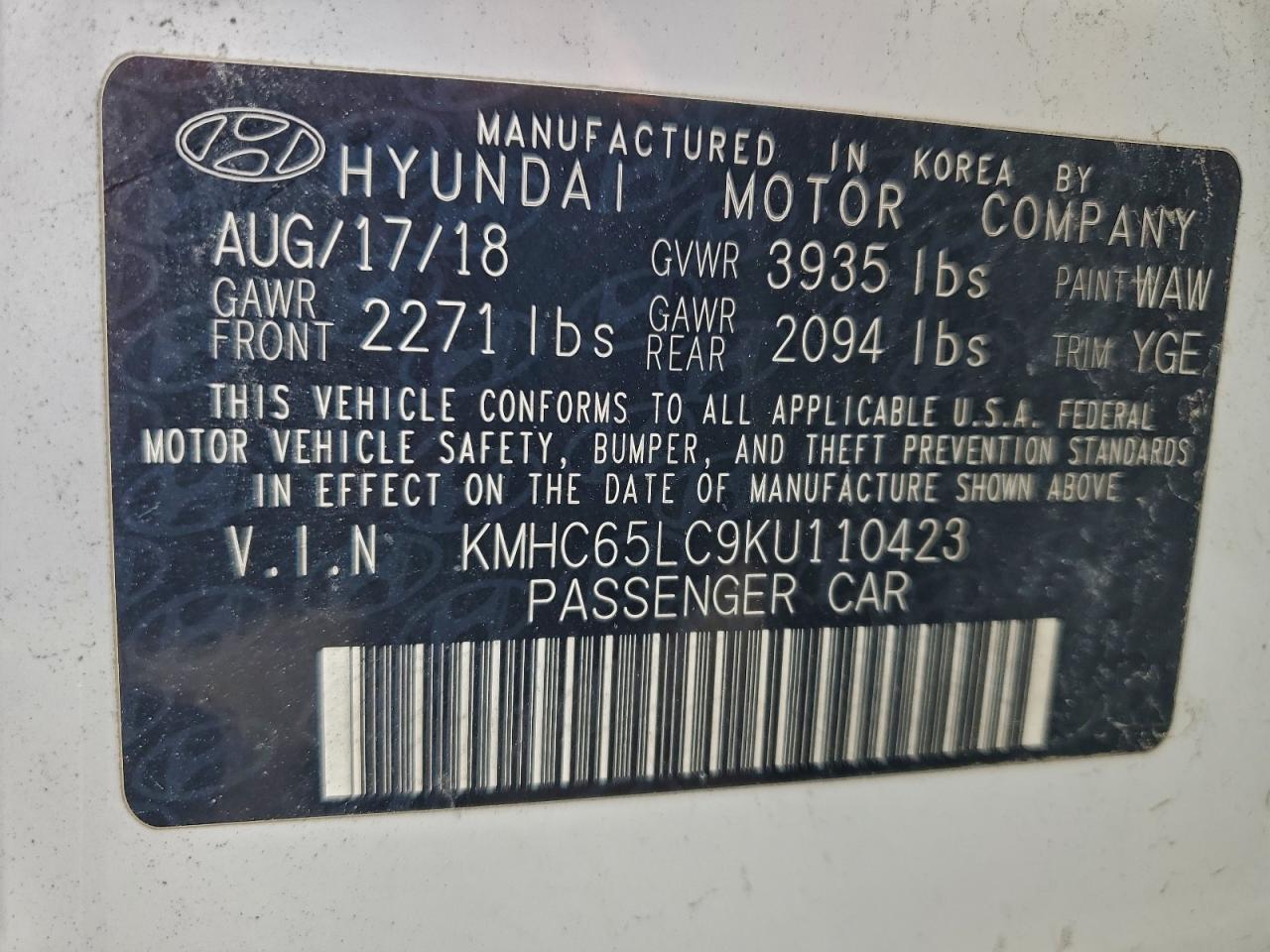 2019 Hyundai Ioniq Blue VIN: KMHC65LC9KU110423 Lot: 97361975