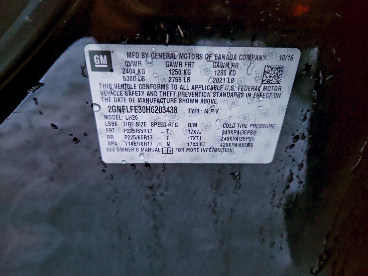 2017 Chevrolet Equinox Lt VIN: 2GNFLFE30H6203438 Lot: 94462255