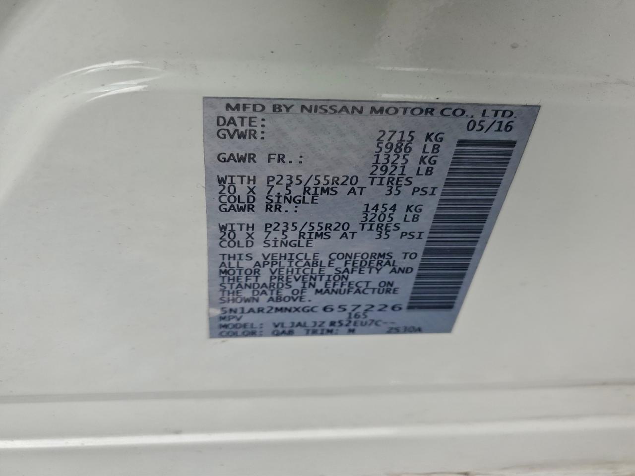 2016 Nissan Pathfinder S VIN: 5N1AR2MNXGC657226 Lot: 96353875