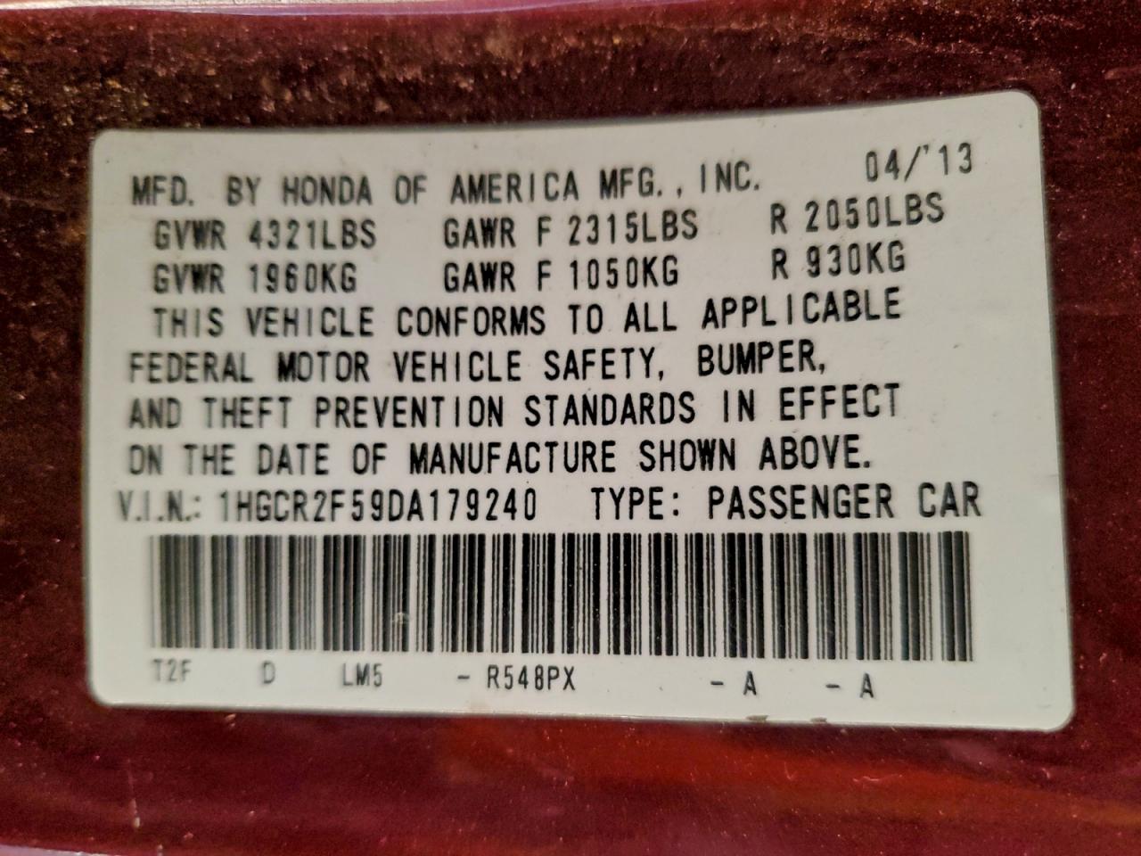 2013 Honda Accord Sport VIN: 1HGCR2F59DA179240 Lot: 94177685