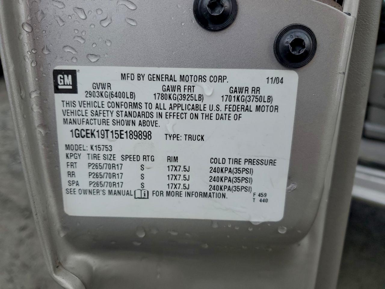 2005 Chevrolet Silverado K1500 VIN: 1GCEK19T15E189898 Lot: 95478315