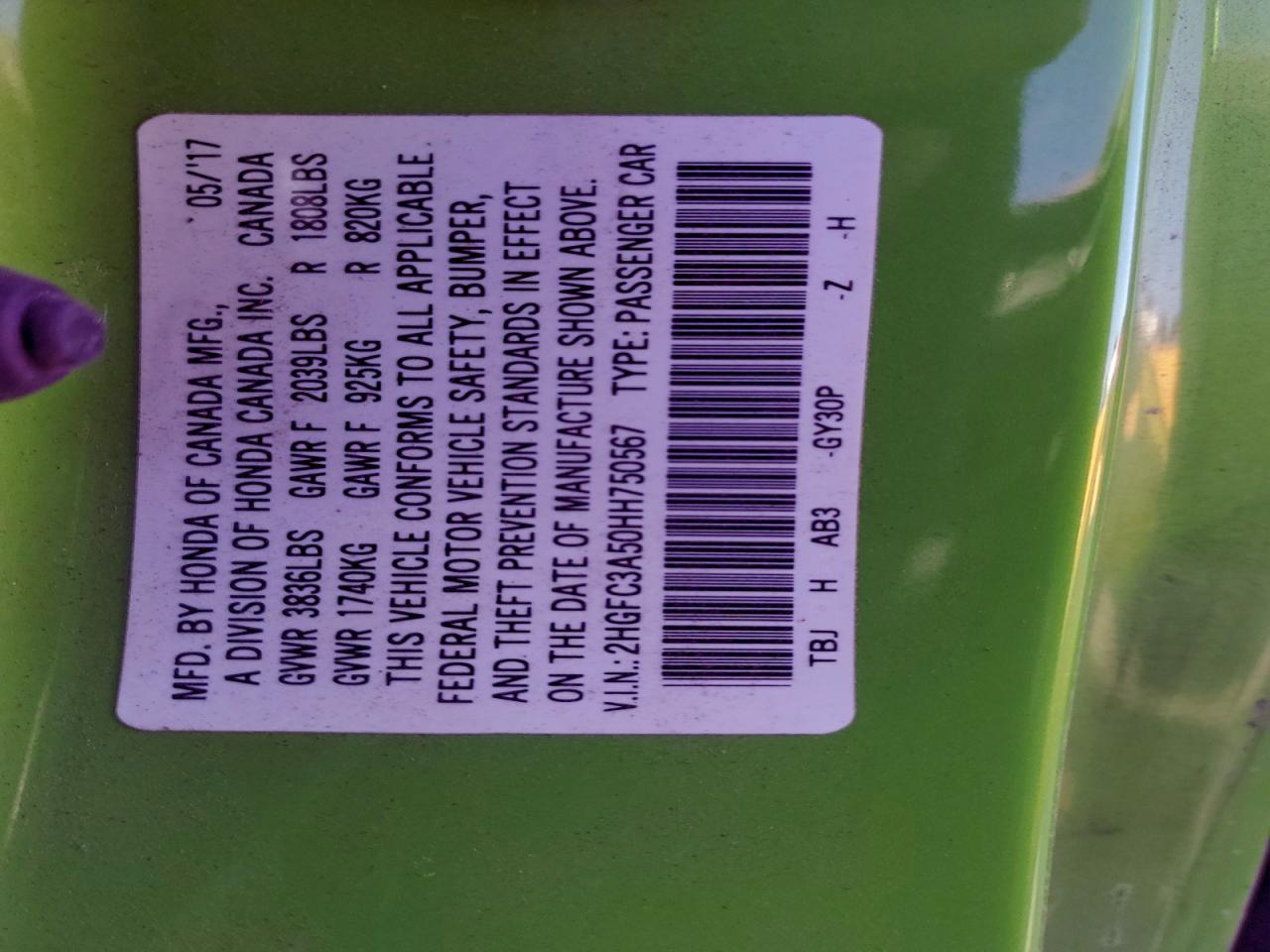 2017 Honda Civic Si VIN: 2HGFC3A50HH750567 Lot: 97152285