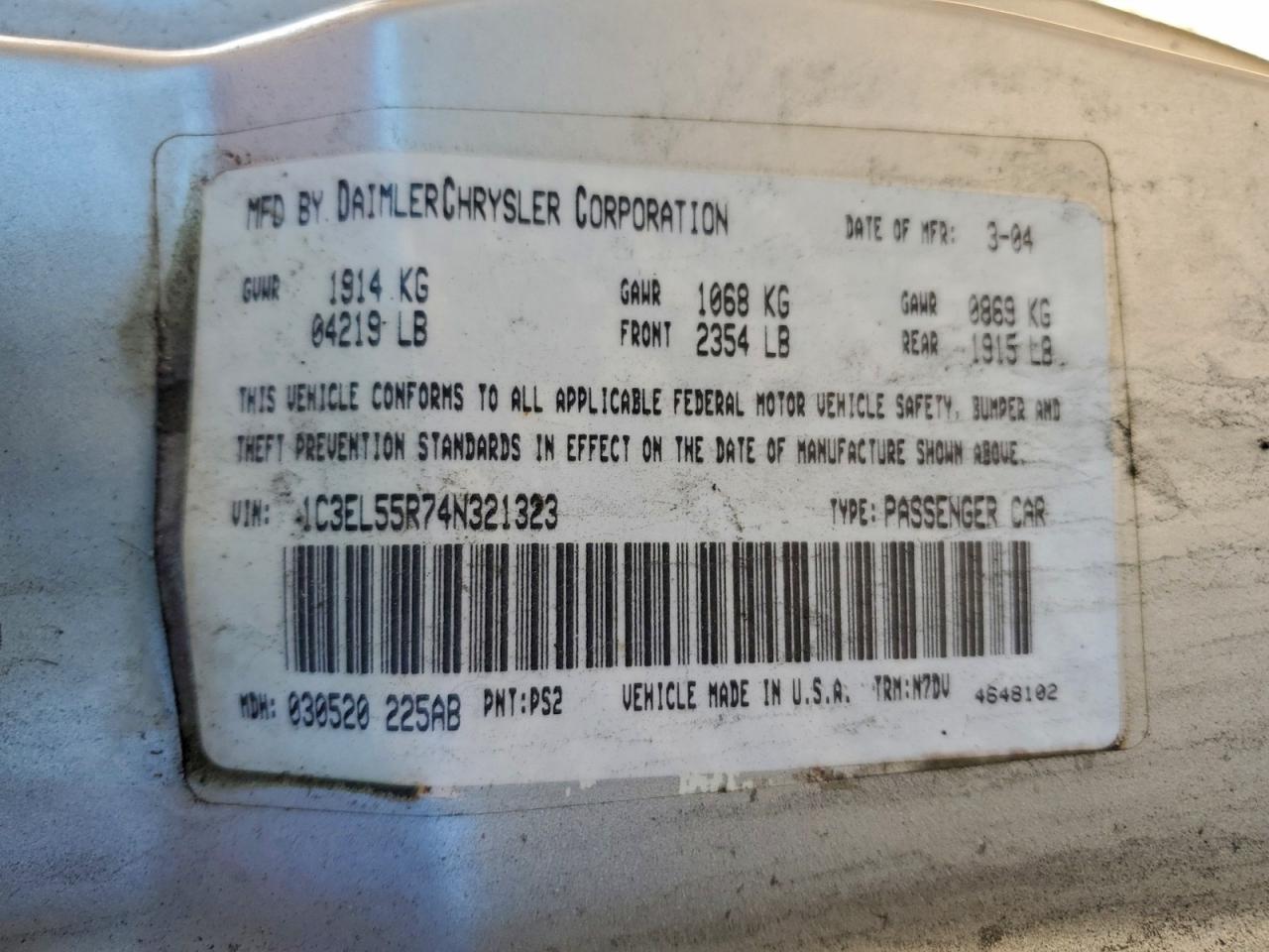 2004 Chrysler Sebring Lxi VIN: 1C3EL55R74N321323 Lot: 94373565