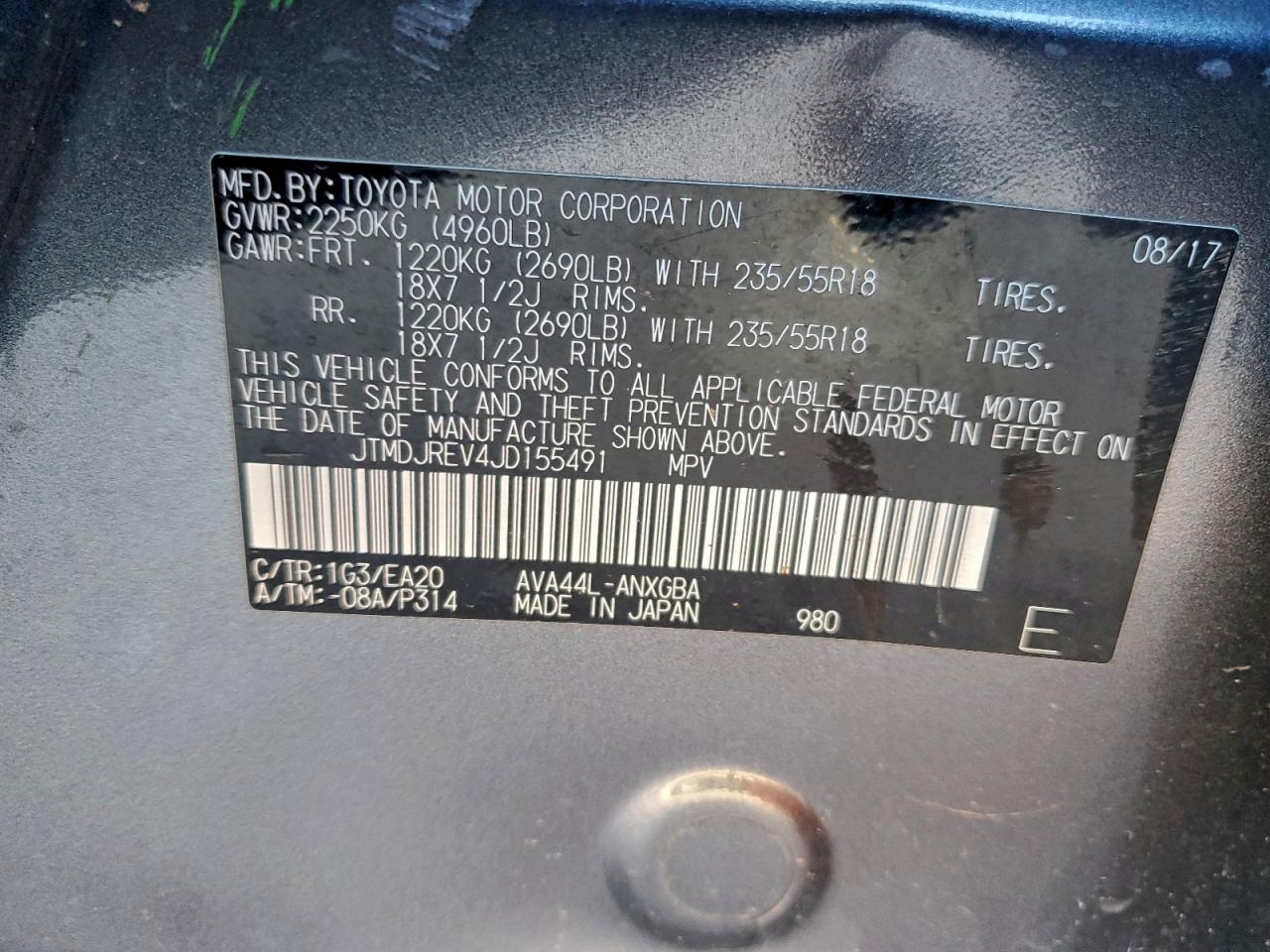 2018 Toyota Rav4 Hv Limited VIN: JTMDJREV4JD155491 Lot: 94187335