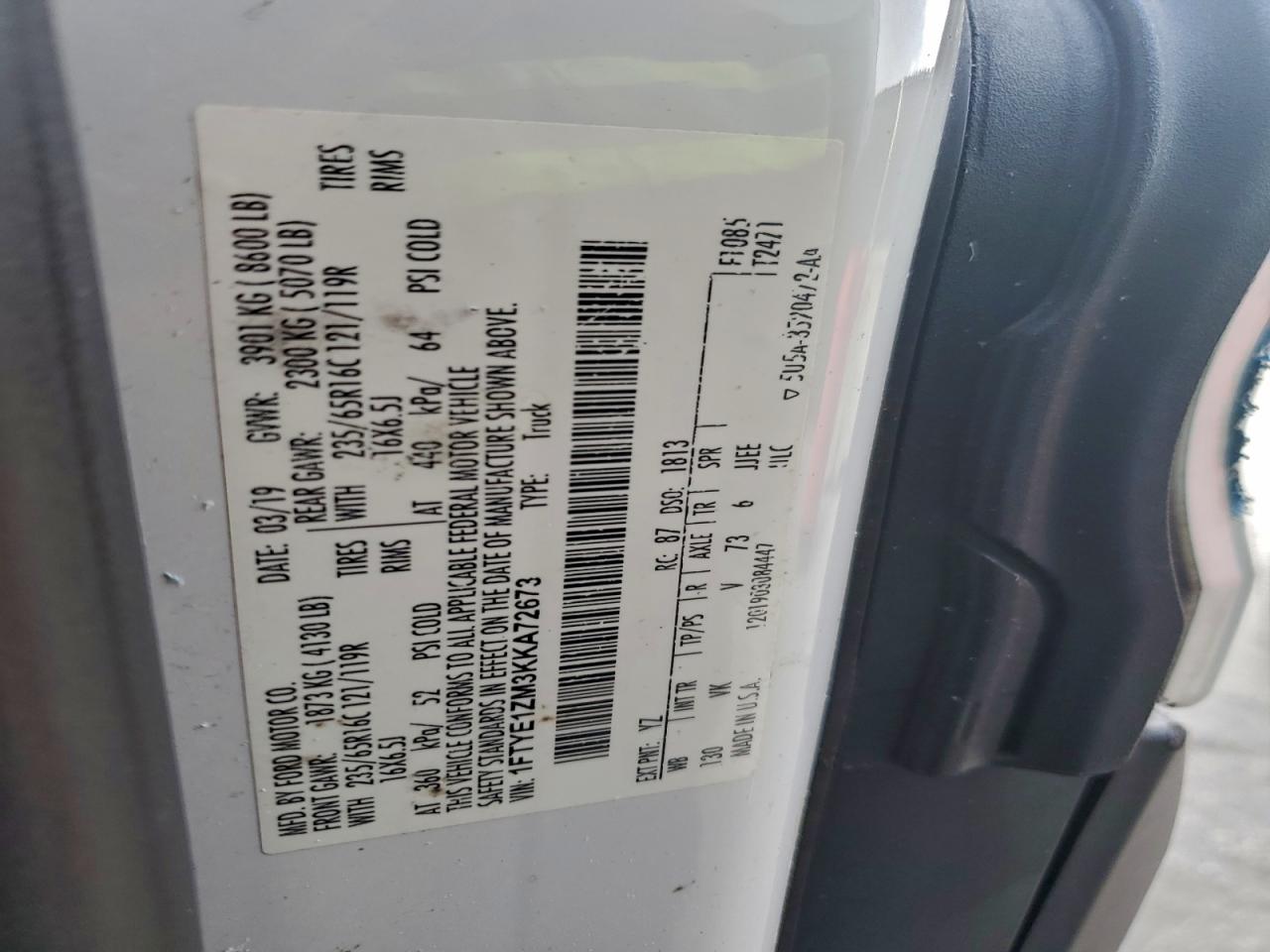 2019 Ford Transit T-150 Delivery Van VIN: 1FTYE1ZM3KKA72673 Lot: 96320805