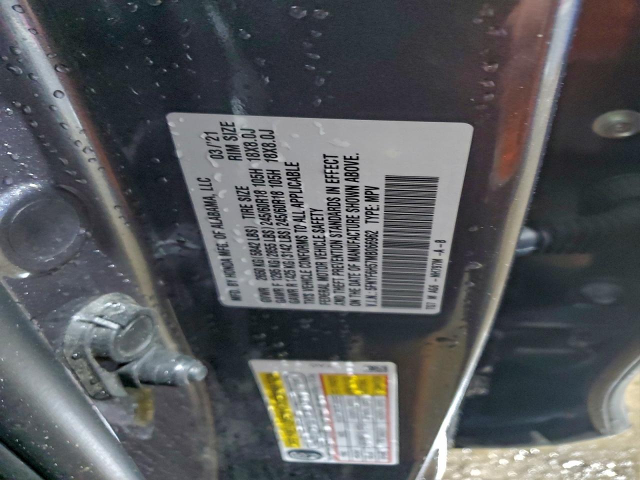 2021 Honda Pilot Exl VIN: 5FNYF6H57MB066962 Lot: 97048895