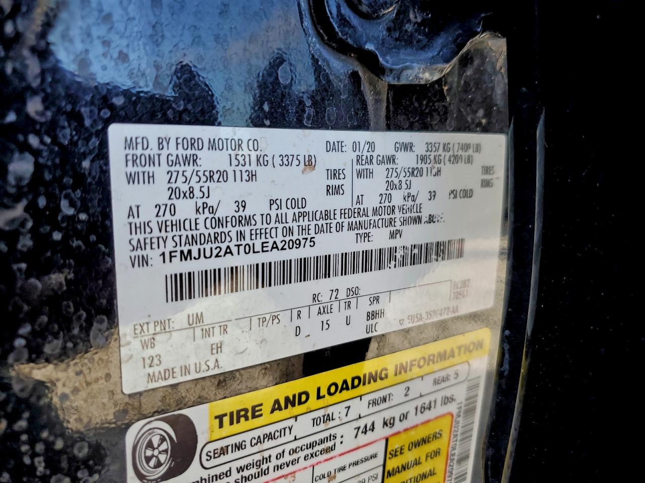 2020 Ford Expedition Limited VIN: 1FMJU2AT0LEA20975 Lot: 95056705