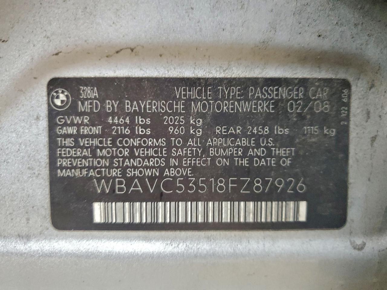 2008 BMW 328 I Sulev VIN: WBAVC53518FZ87926 Lot: 94907845