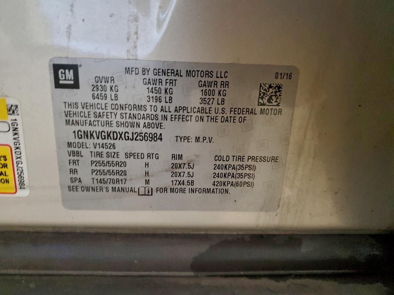 2016 Chevrolet Traverse Lt VIN: 1GNKVGKDXGJ256984 Lot: 94594835