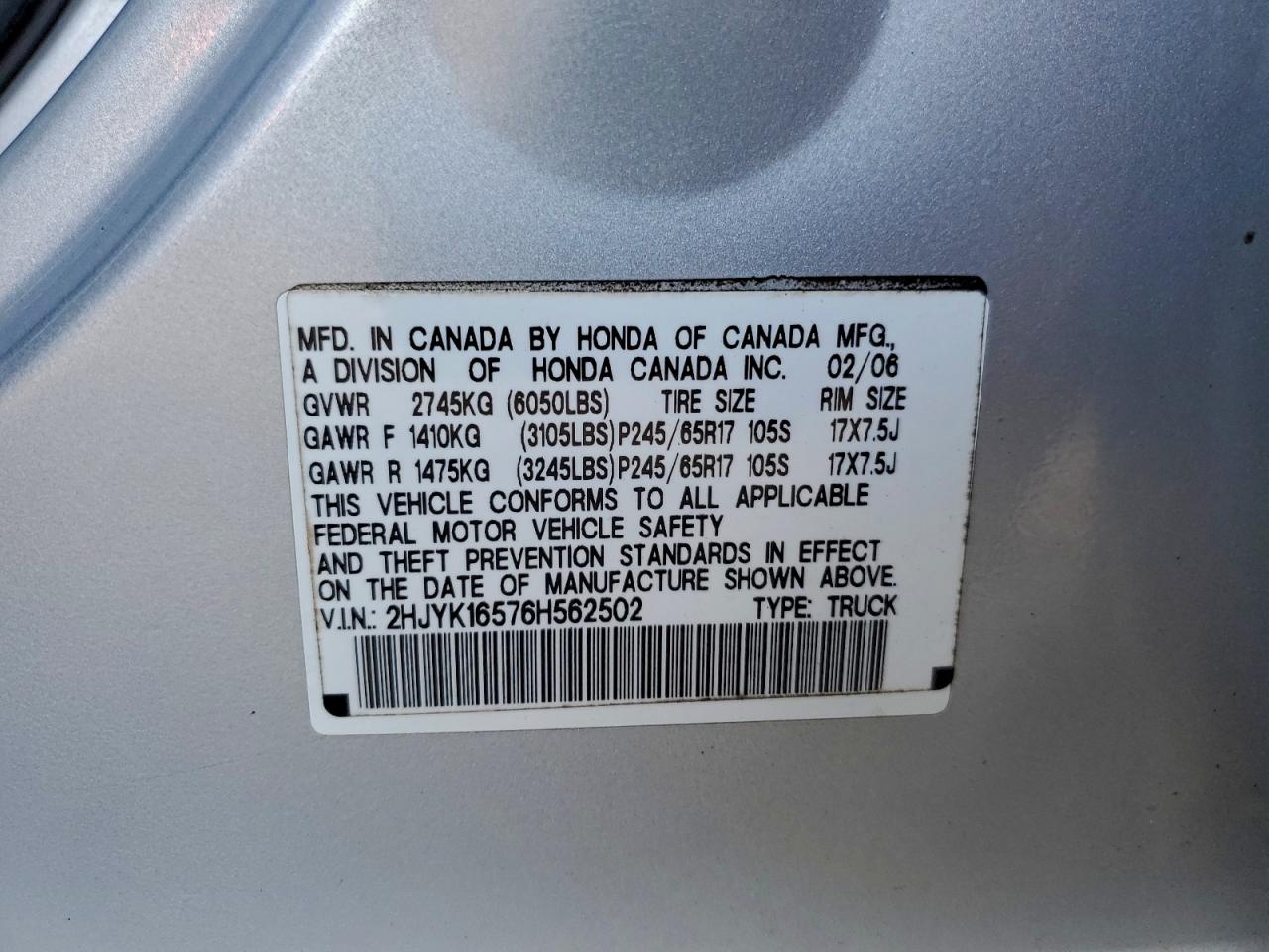 2006 Honda Ridgeline Rtl VIN: 2HJYK16576H562502 Lot: 95612035