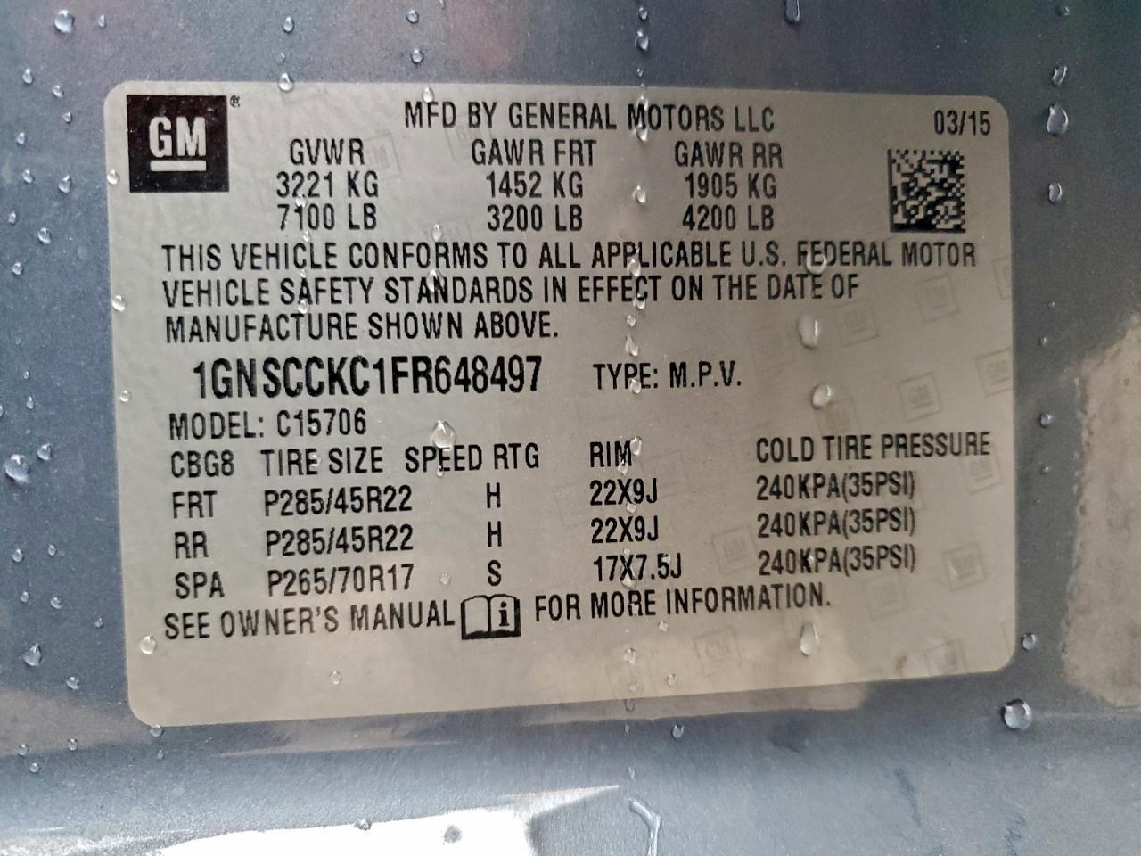 2015 Chevrolet Tahoe C1500 Ltz VIN: 1GNSCCKC1FR648497 Lot: 95488245