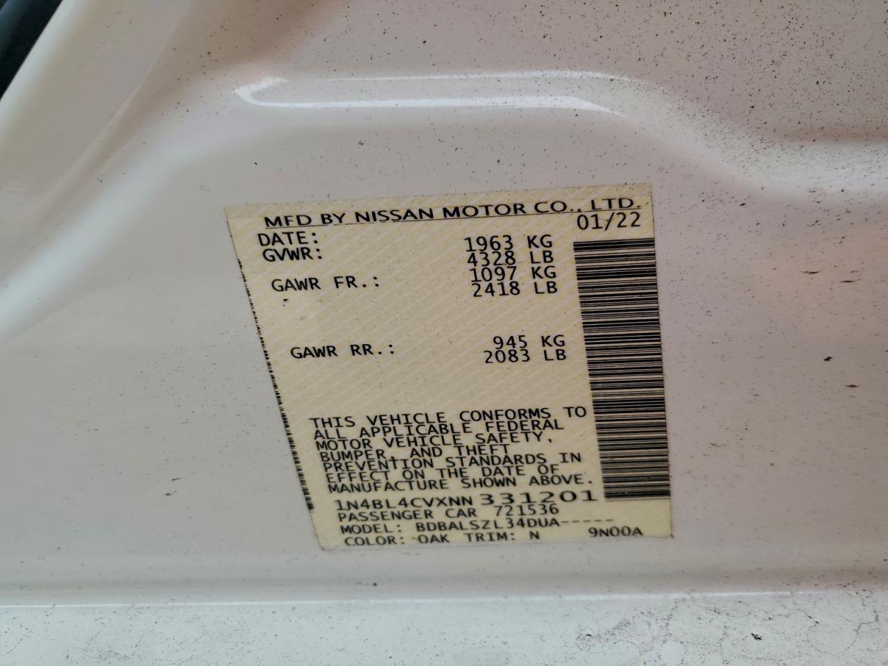 2022 Nissan Altima Sr VIN: 1N4BL4CVXNN331201 Lot: 95300235