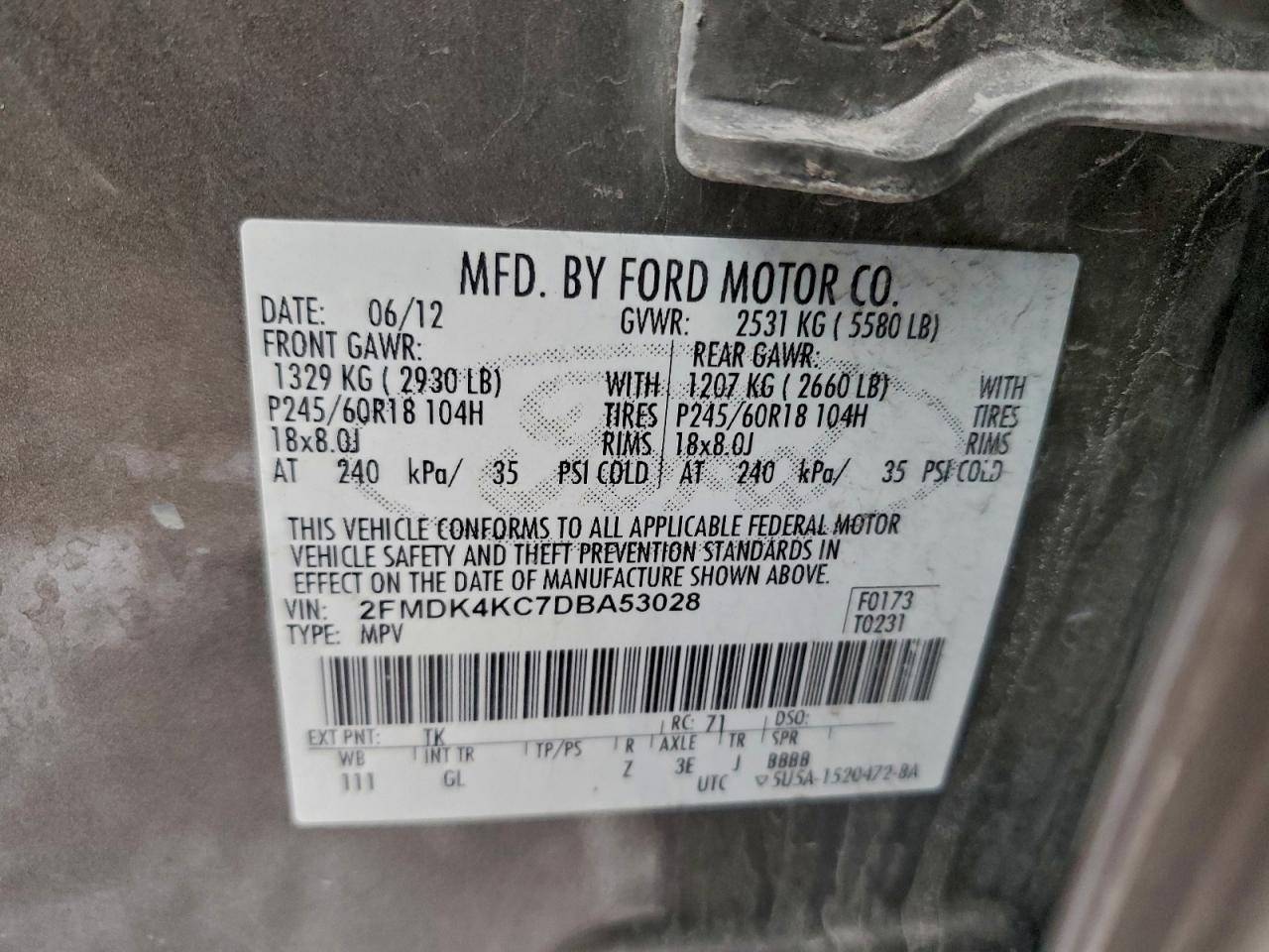 2013 Ford Edge Limited VIN: 2FMDK4KC7DBA53028 Lot: 93721745