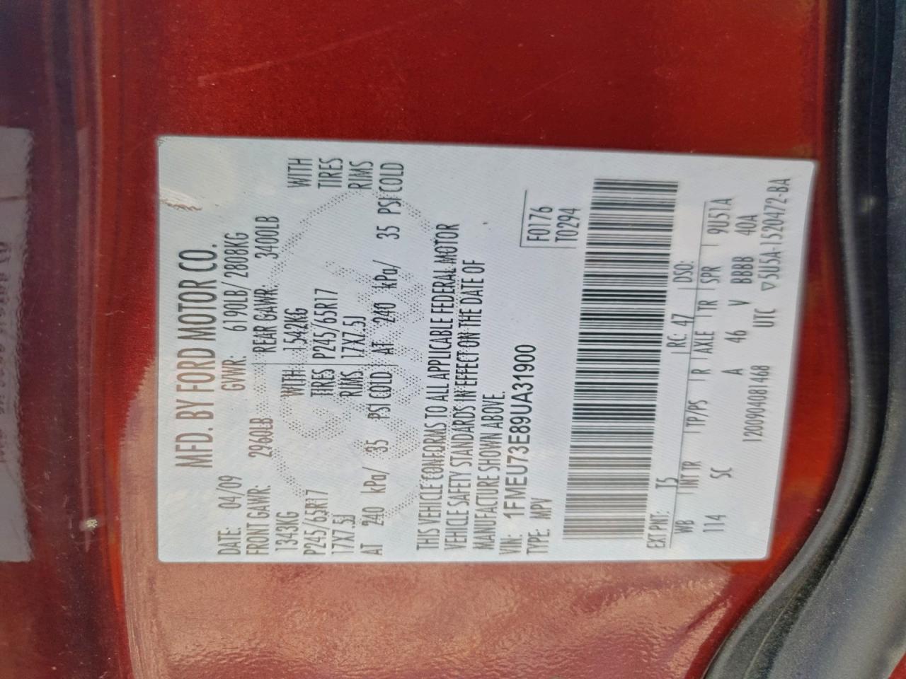 2009 Ford Explorer Xlt VIN: 1FMEU73E89UA31900 Lot: 96453195