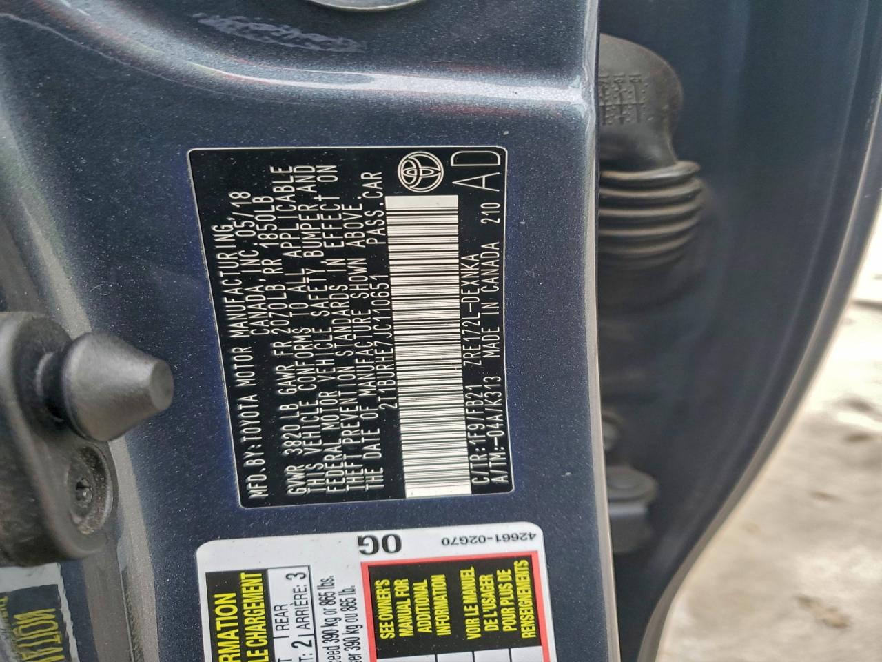 2018 Toyota Corolla L VIN: 2T1BURHE7JC110651 Lot: 96534785