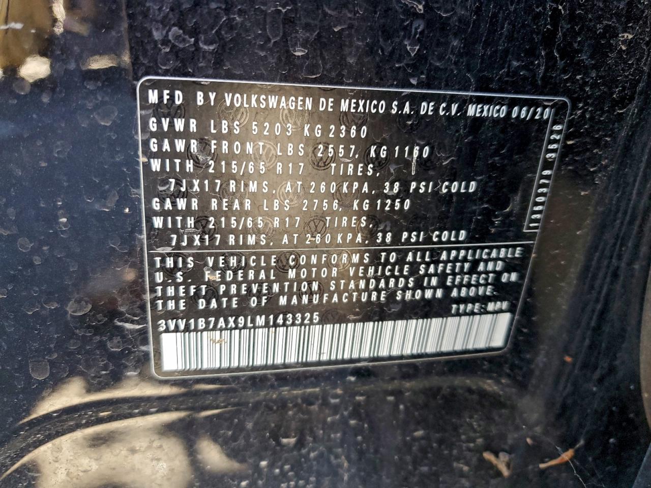 2020 Volkswagen Tiguan S VIN: 3VV1B7AX9LM143325 Lot: 94395645