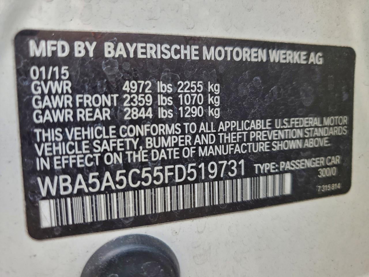 2015 BMW 528 I VIN: WBA5A5C55FD519731 Lot: 95670655