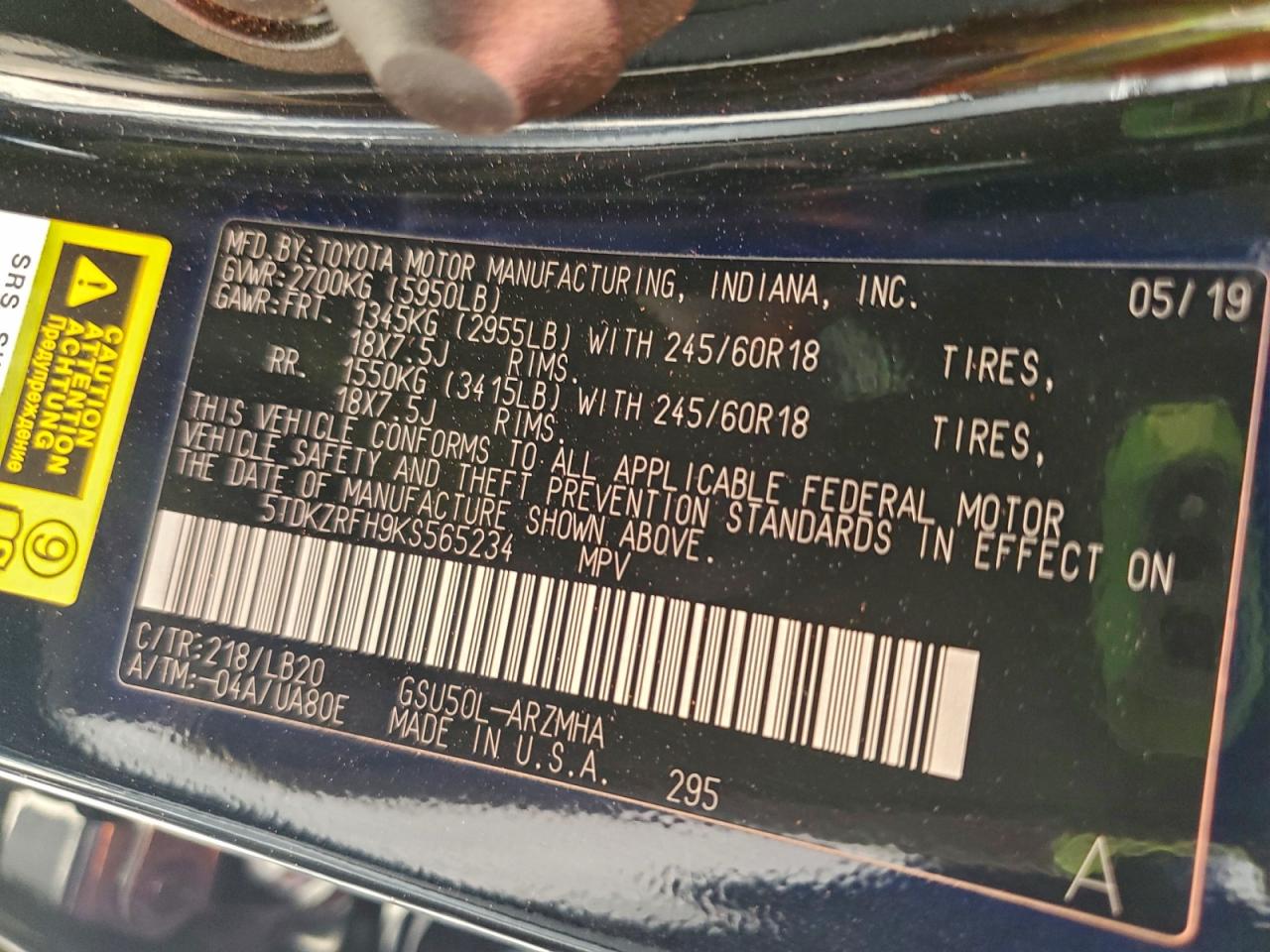 2019 Toyota Highlander Se VIN: 5TDKZRFH9KS565234 Lot: 94976645