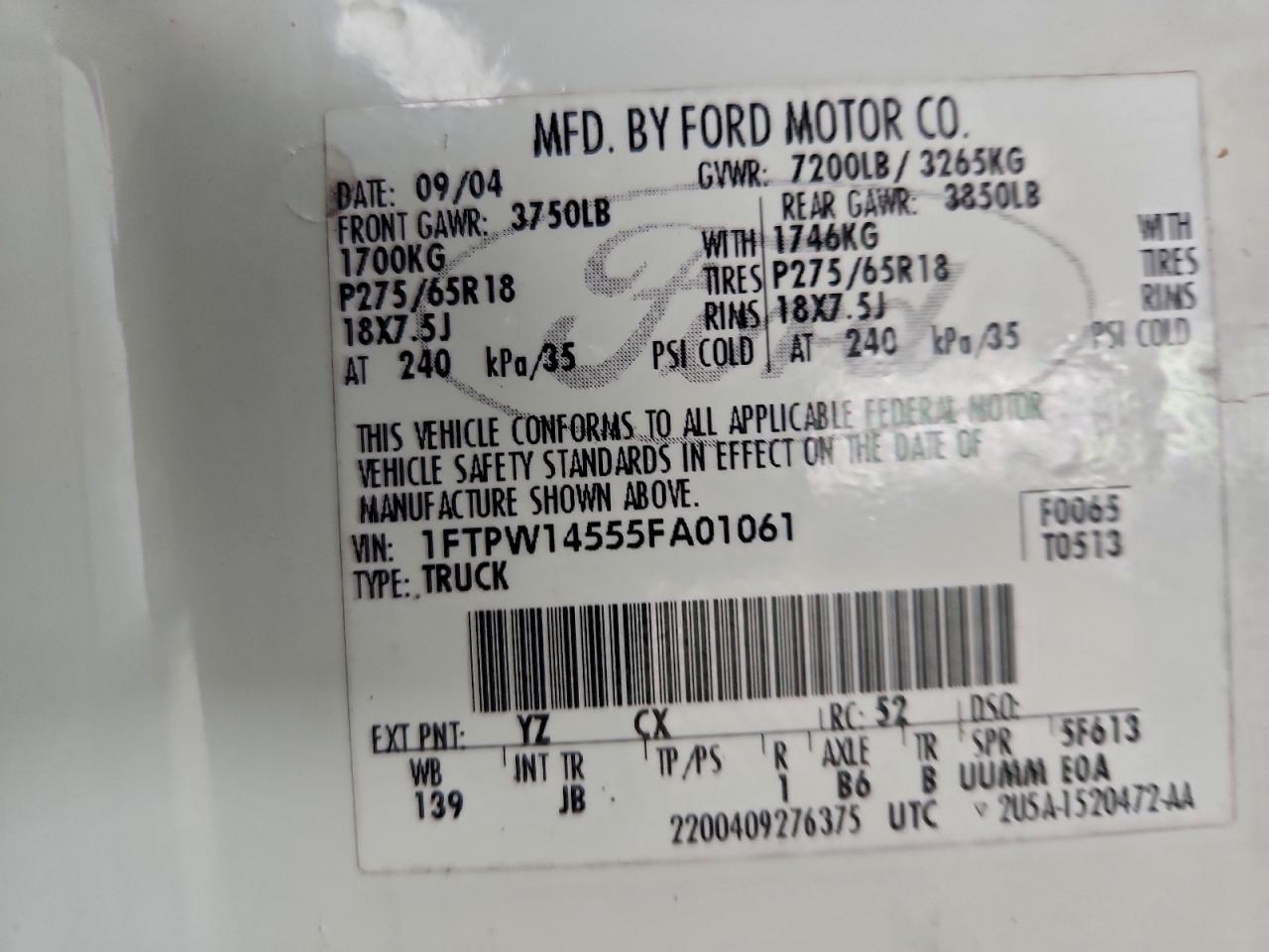 2005 Ford F150 Supercrew VIN: 1FTPW14555FA01061 Lot: 96522755