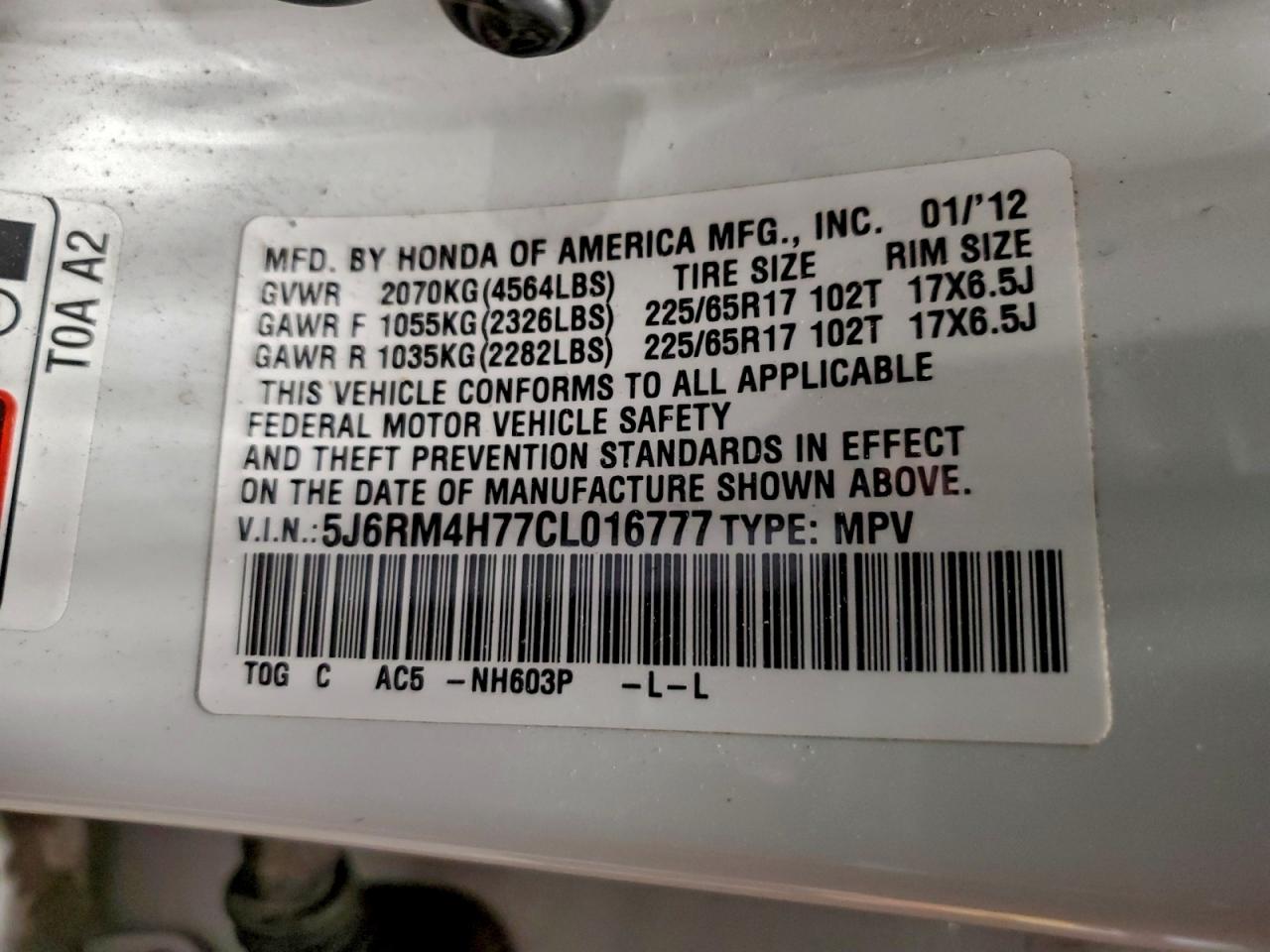 2012 Honda Cr-V Exl VIN: 5J6RM4H77CL016777 Lot: 97328885