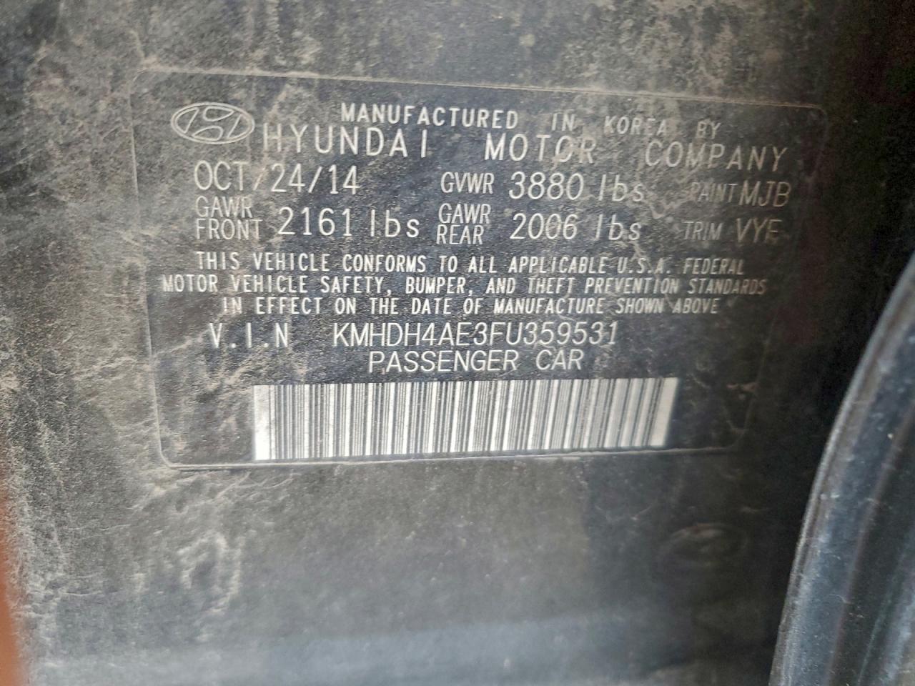 2015 Hyundai Elantra Se VIN: KMHDH4AE3FU359531 Lot: 94733815