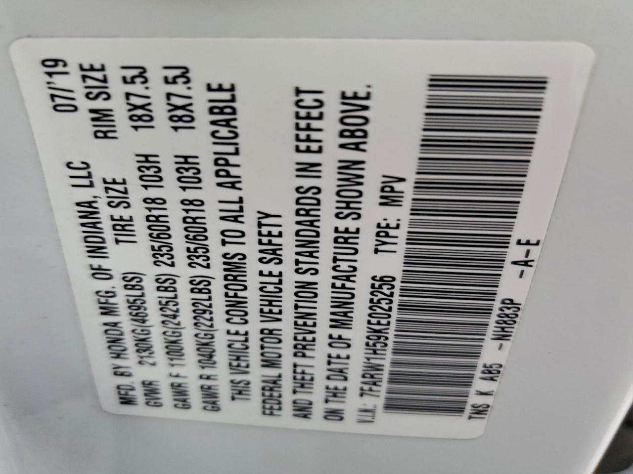 2019 Honda Cr-V Ex VIN: 7FARW1H59KE025256 Lot: 95755575