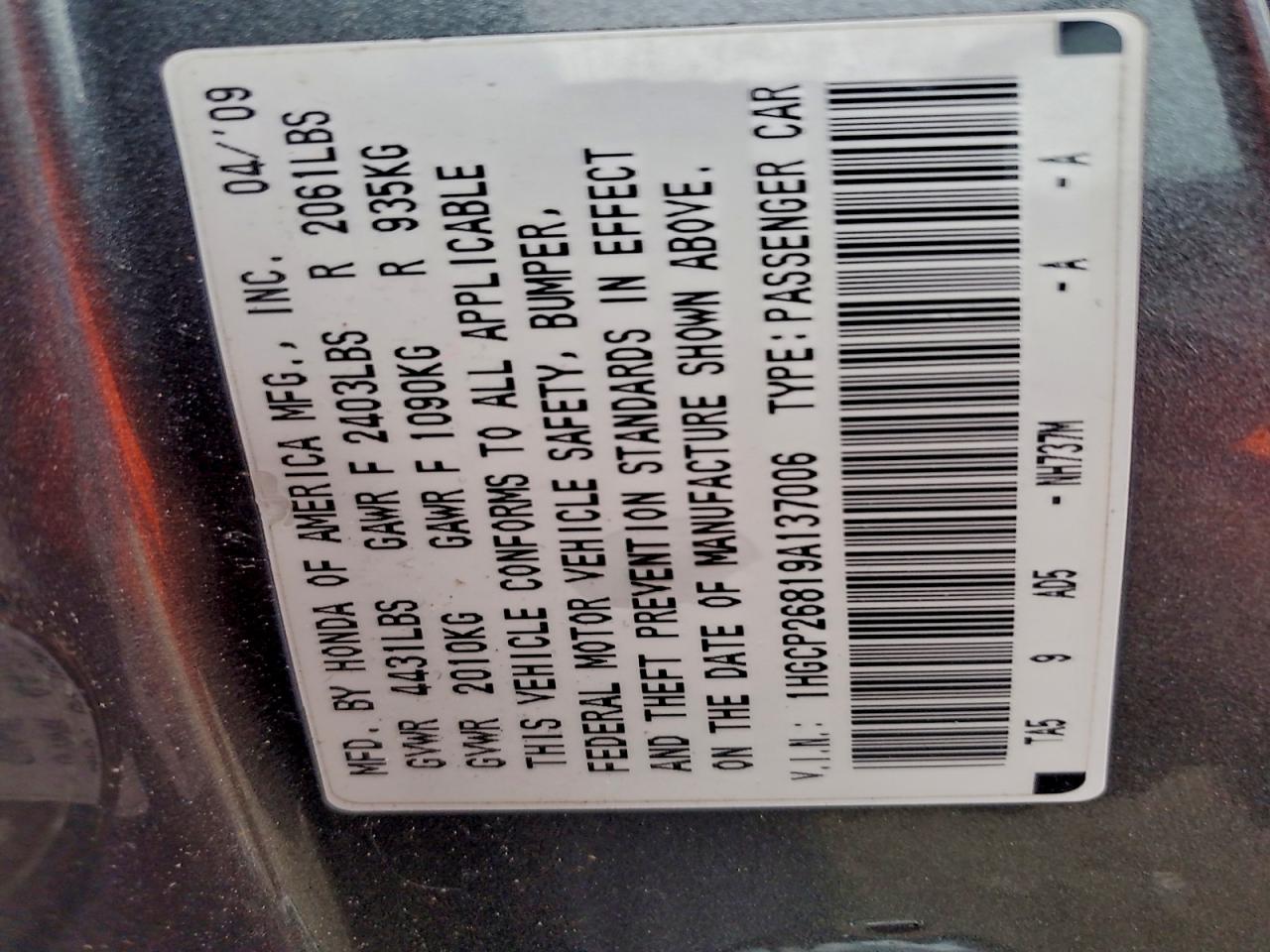 2009 Honda Accord Exl VIN: 1HGCP26819A137006 Lot: 95695005