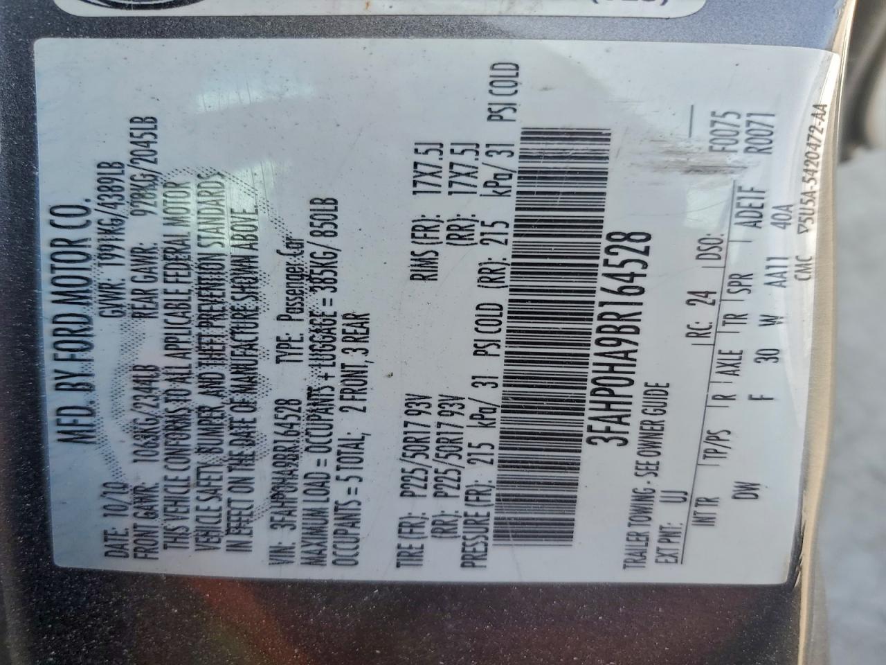 2011 Ford Fusion Se VIN: 3FAHP0HA9BR164528 Lot: 95083515