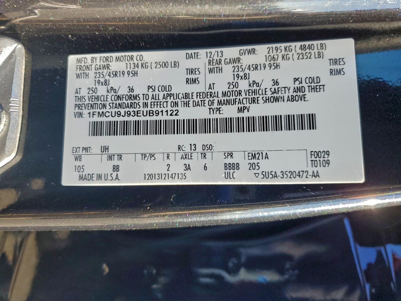 2014 Ford Escape Titanium VIN: 1FMCU9J93EUB91122 Lot: 95394575