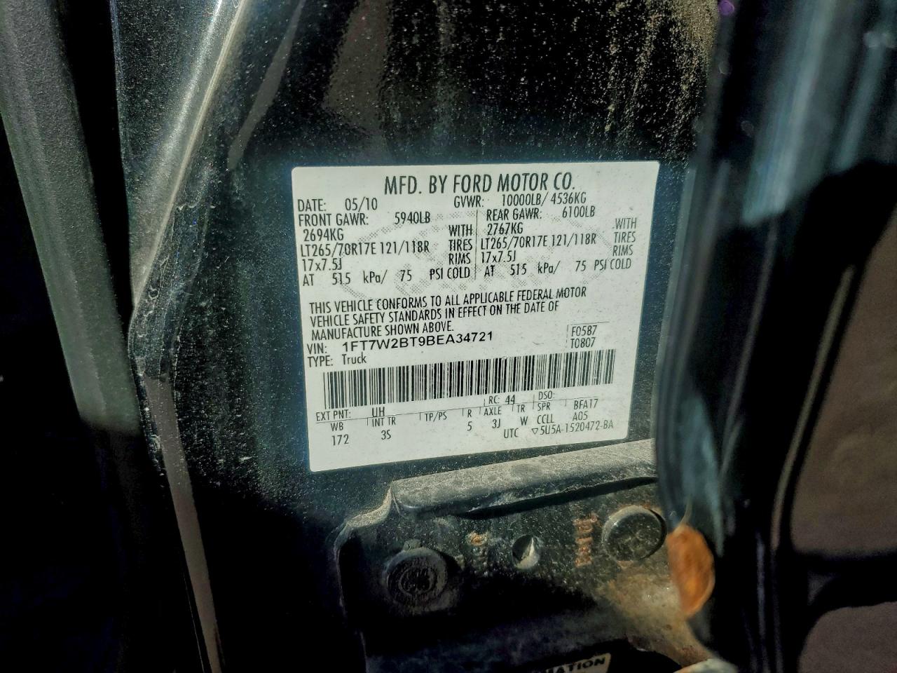 2011 Ford F250 Super Duty VIN: 1FT7W2BT9BEA34721 Lot: 96471785