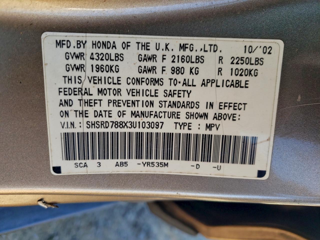 2003 Honda Cr-V Ex VIN: SHSRD788X3U103097 Lot: 97454045