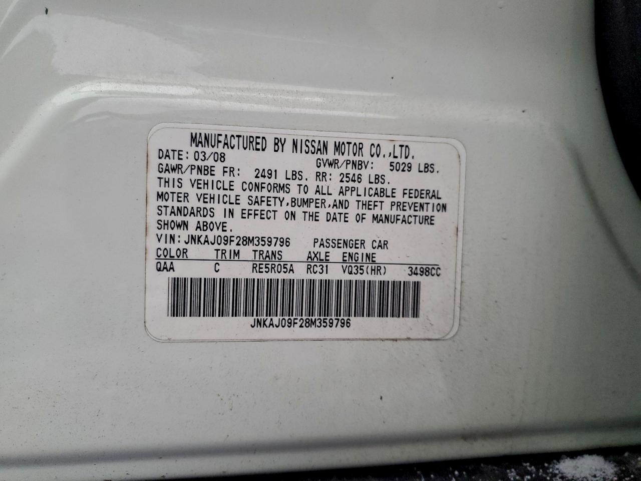 2008 Infiniti Ex35 Base VIN: JNKAJ09F28M359796 Lot: 95497935